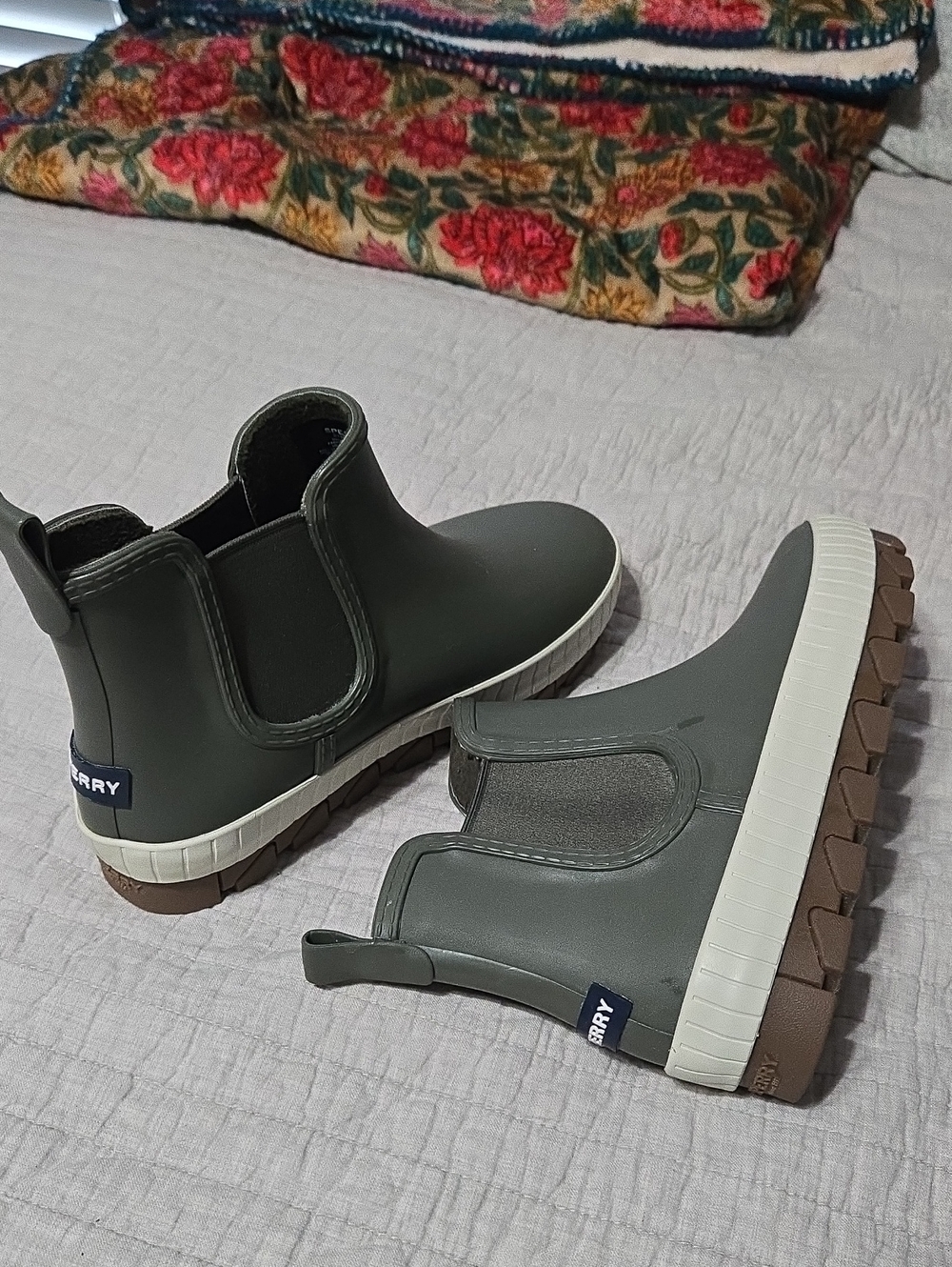 Sperry Olive Chelsea Rain Boots with Off-white Midsole